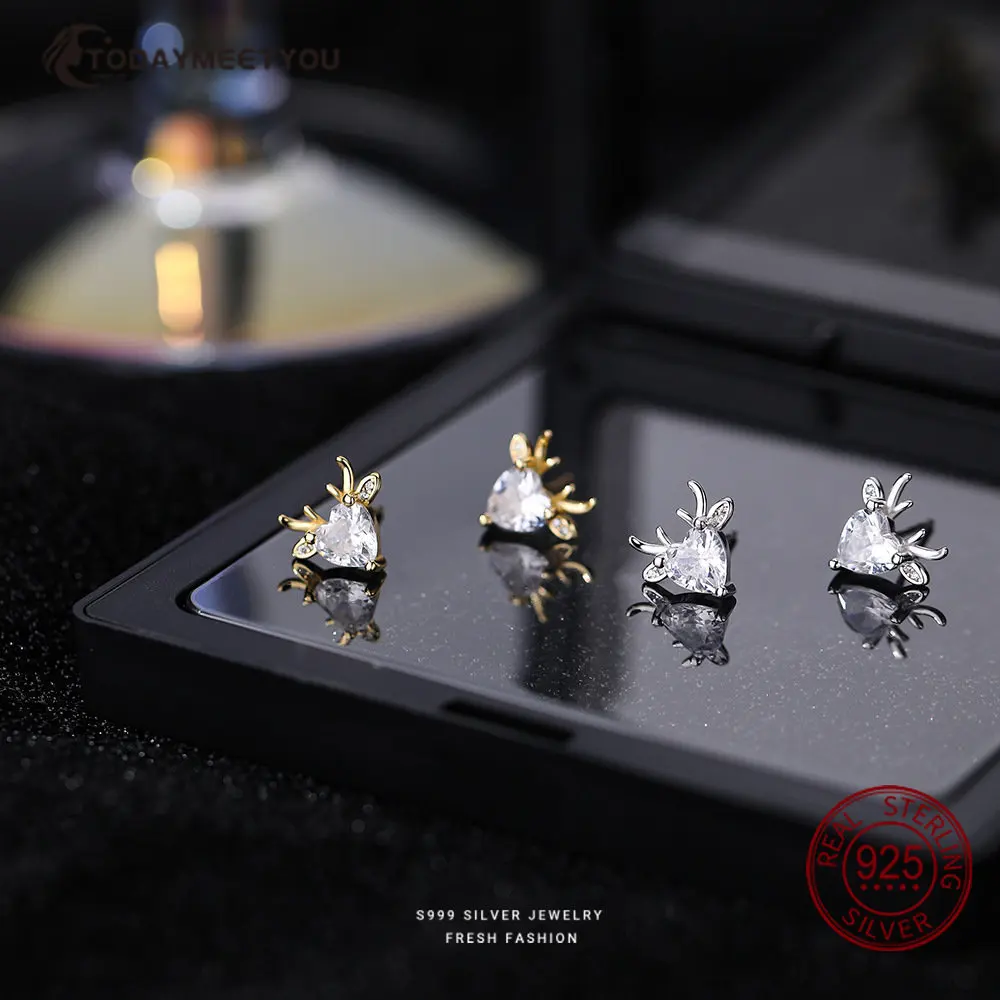 

Real 925 Sterling Silver Fashion Cute Milu Deer Stud Earrings For Women Crystal Stone Wedding Birthday Christmas Present