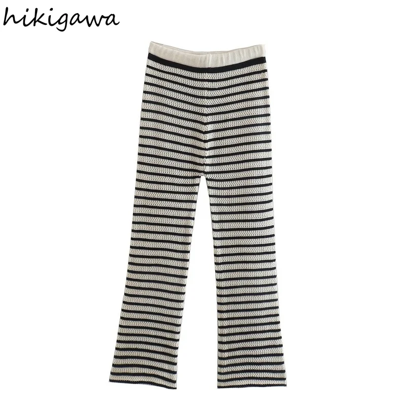 

Hikigawa Chic Fashion Woman Pants With Striped Straight Pants Streetwear Women Vintage Female High Waist Knitted Trousers Mujer