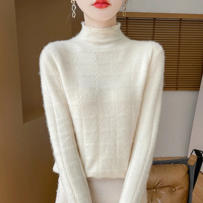 Осень/зима однотонный свитер из 100% шерсти с высоким воротником женский тонкий и