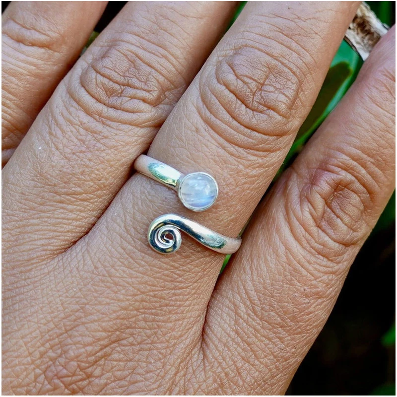 

Moonstone Adjustable Opening Ring For Woman Silver Color Bohemia Adjustable Opening Accessories Vintage Finger Jewelry Wedding