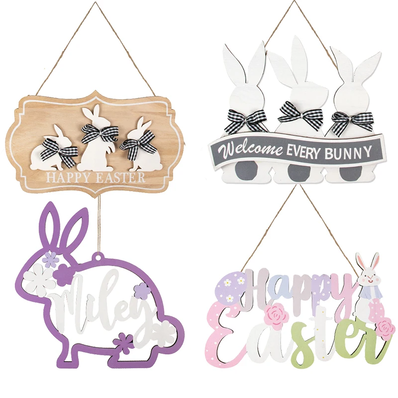 

Happy Easter Bunny Home Wooden Ornament Sign Easter Party Door Wall Hanging Wood Pendants for Easter Rabbit Craft Party Supplies