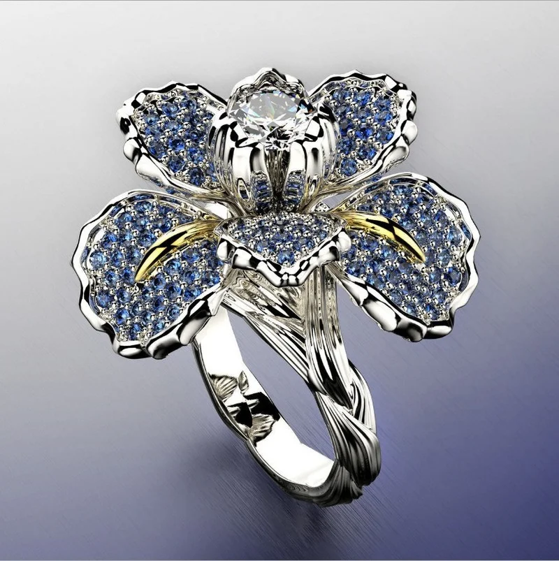

Simple Light Luxury Micro-encrusted Diamond Iris Two-tone Ring European and American Blue Topaz Flower Engagement Cocktail Ring