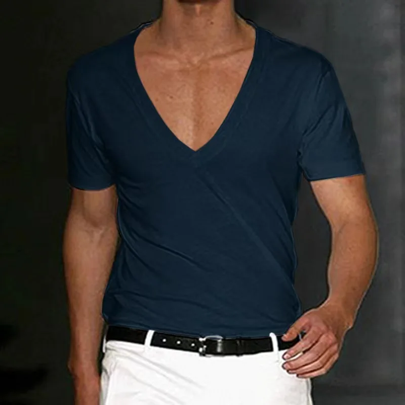 A2789 Men T-shirt Shorts Sleeve Deep V-Neck Tops Solid Color Oversized Tees Men Streetwear Loose Pullover T Shirts Spring