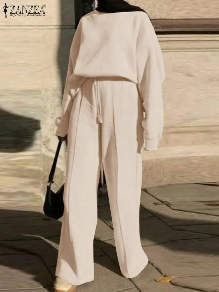 

ZANZEA Women Long Sleeve Blouse Matching Sets 2pcs Winter Pant Sets Autumn Solid Dubai Turkey Abaya Trousers Suits Loose Outifit