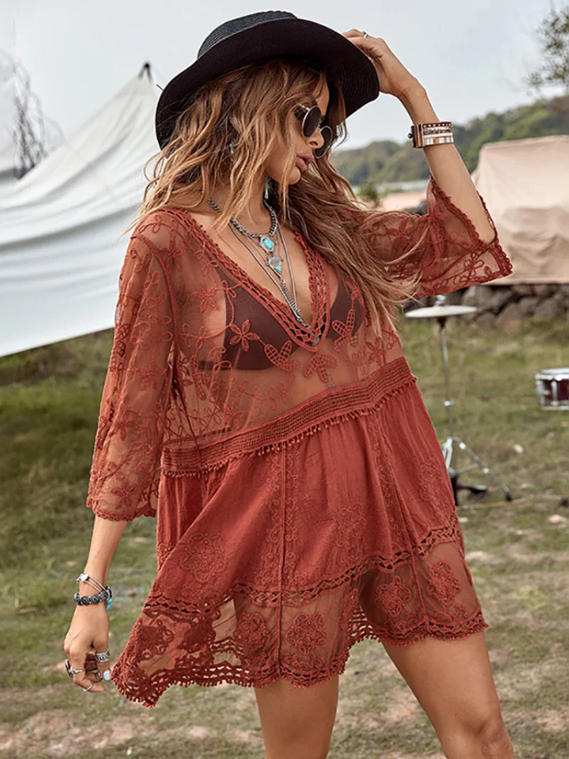 Lace Outerwear Bikini Smock, Perspective Sun Protection Shirt Vacation Hot Spring Shirt Short Pullover Mesh Sun Protection Shirt
