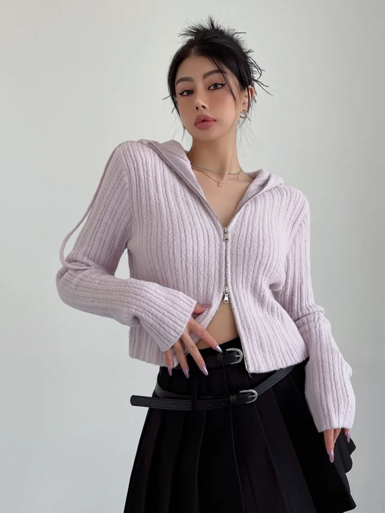 

Женский мохеровый облегающий кардиган с двойной молнией и капюшоном, короткий облегающий свитер с длинным рукавом, модные женские топы, Осе...