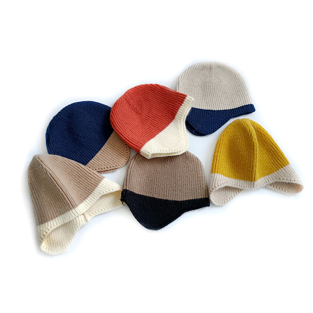 

Newborn Baby Ear Protection Hat Beanies Children Soft Patchwork Cap Knitted Hats Winter Proof Cold Warm Caps Photography Props