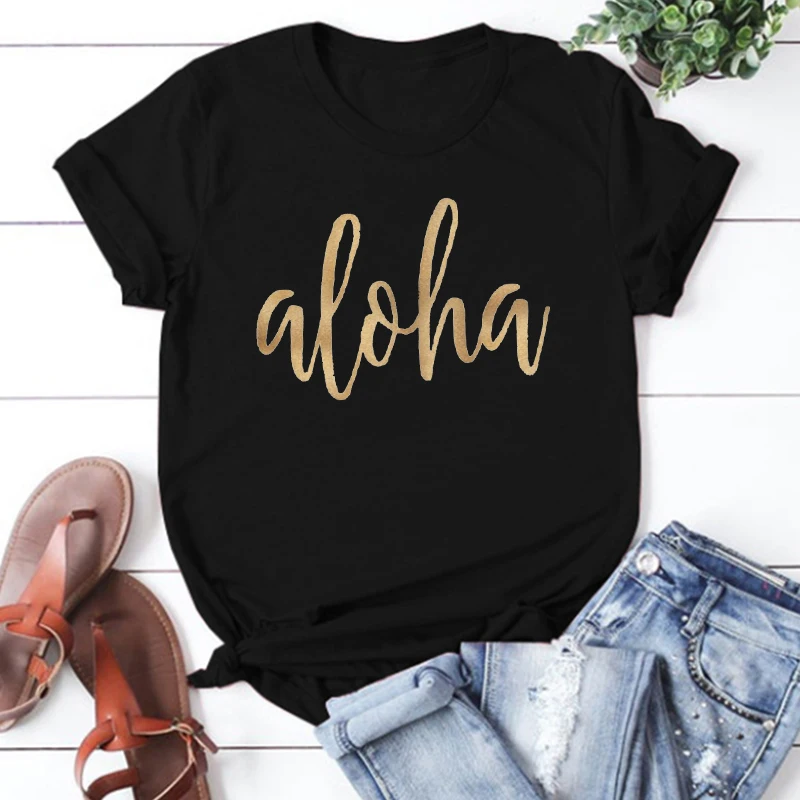 

Golden Aloha Shirts Women Summer Travel Clothes Vacation Floral Aloha Tee Hawaii Graphic Tees Women Harajuku Tees L