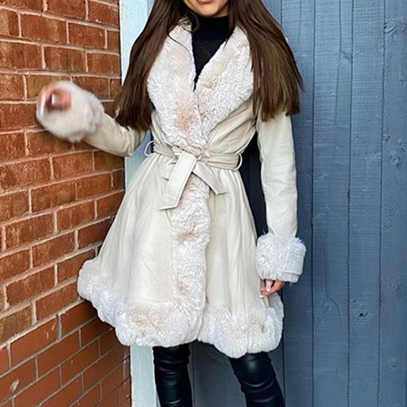 PU Leather Long Jackets Women Fashion Tie Belt Waist Coats Women Elegant Side Pockets Faux Fur Jackets Female Ladies Noble Coat