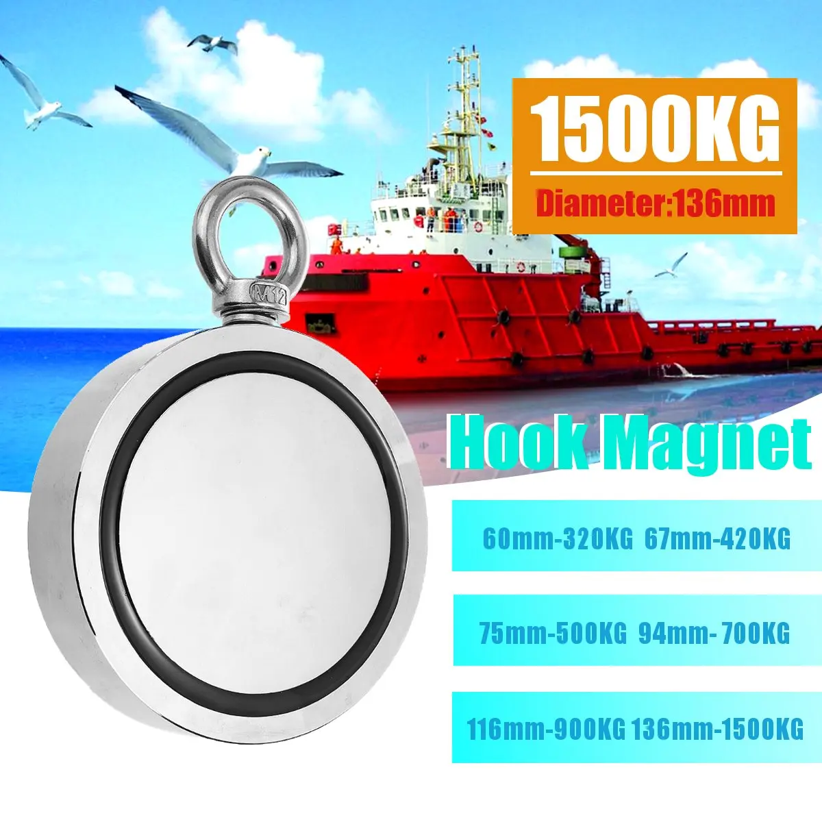 

160KG-1500KG Round Double Sided Strong Magnet Neodymium Magnet Fishing Rare Earth Magnet Detector Kit