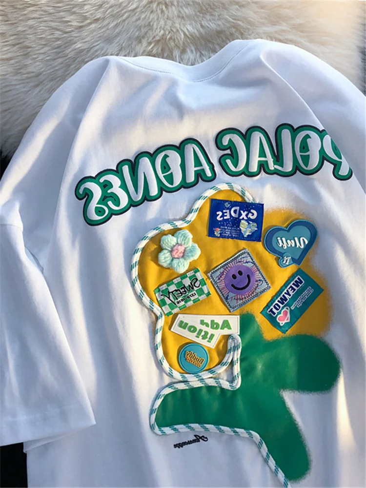 

H.SA/2022 Новая летняя свободная хлопковая Футболка Ins, женская футболка с короткими рукавами и вышитым цветком и круглым вырезом