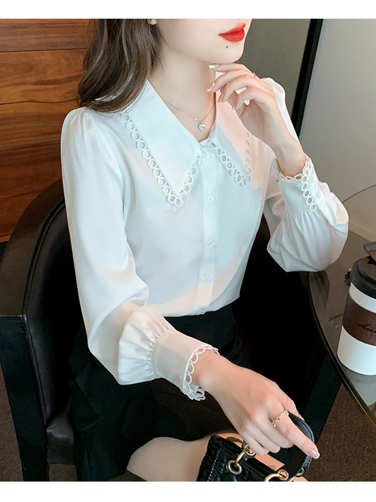 

Women Autumn Winter Shirt White Shirt Women Design Sense Niche Western Style French Chiffon Lantern Puff Sleeve Shirt Top D1841