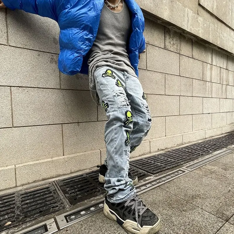 Джинсы мужские и женские прямые в американском стиле облегающие брюки с вышивкой