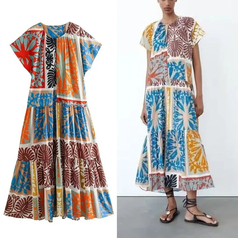 

Платье-миди летнее с круглым вырезом, коротким рукавом и рюшами