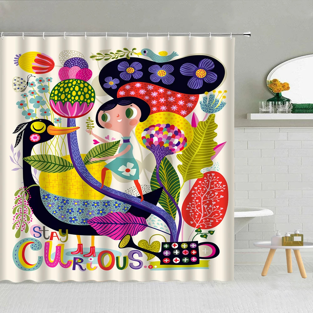 

Shower Curtains Nordic Hand Drawn Color illustration Shower Curtains Waterproof Fabric Bathroom Art Decor Curtain with Hooks