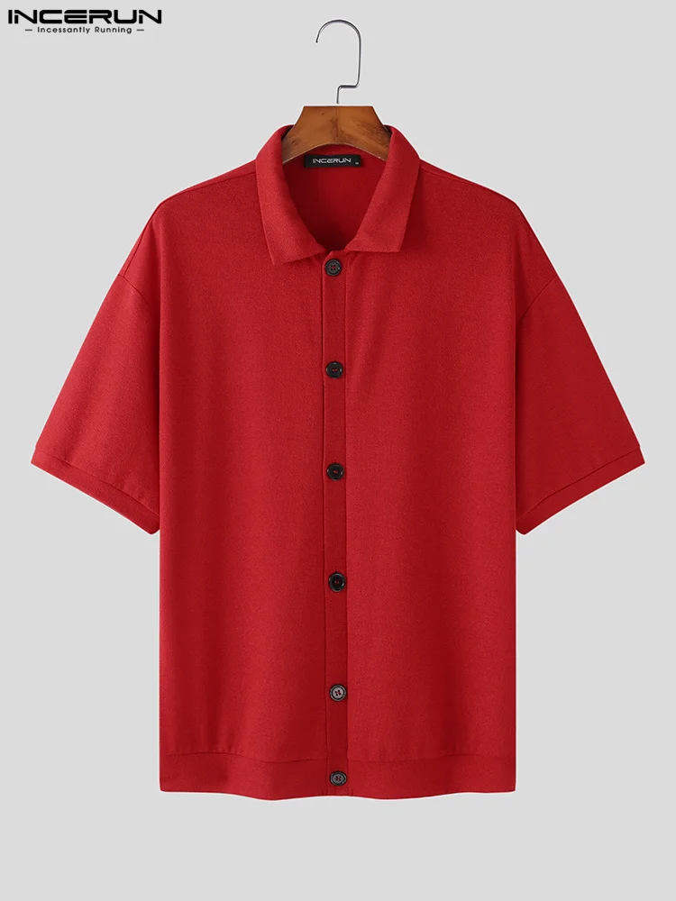 Fashion Casual Style Tops INCERUN Men's Diamond Textured Blouse Stylish Male Solid All-match Knitted Short-sleeved Shirts S-5XL