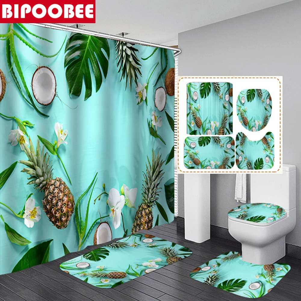 

Pineapple Coconut Green Leaves Bathroom Curtains Summer Shower Curtain Bath Mat Rug Non-Slip Carpet Toilet Lid Cover Home Decor