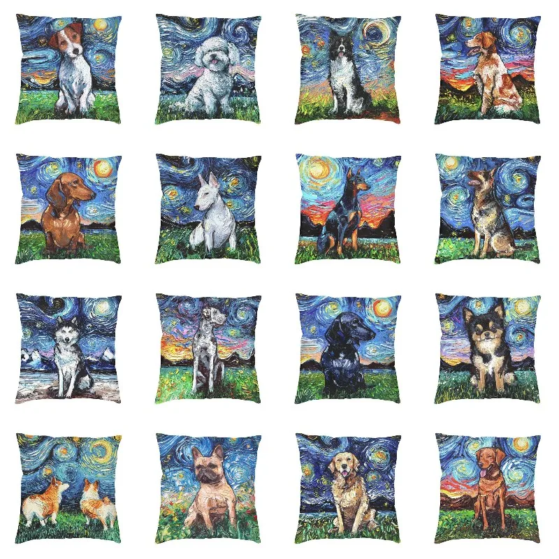 

Starry Night Jack Russel Terrier Husky Bulldog Dachshund Throw Pillow Case Home Decor Dog Pop Art Cushion Cover Sofa Pillowcase