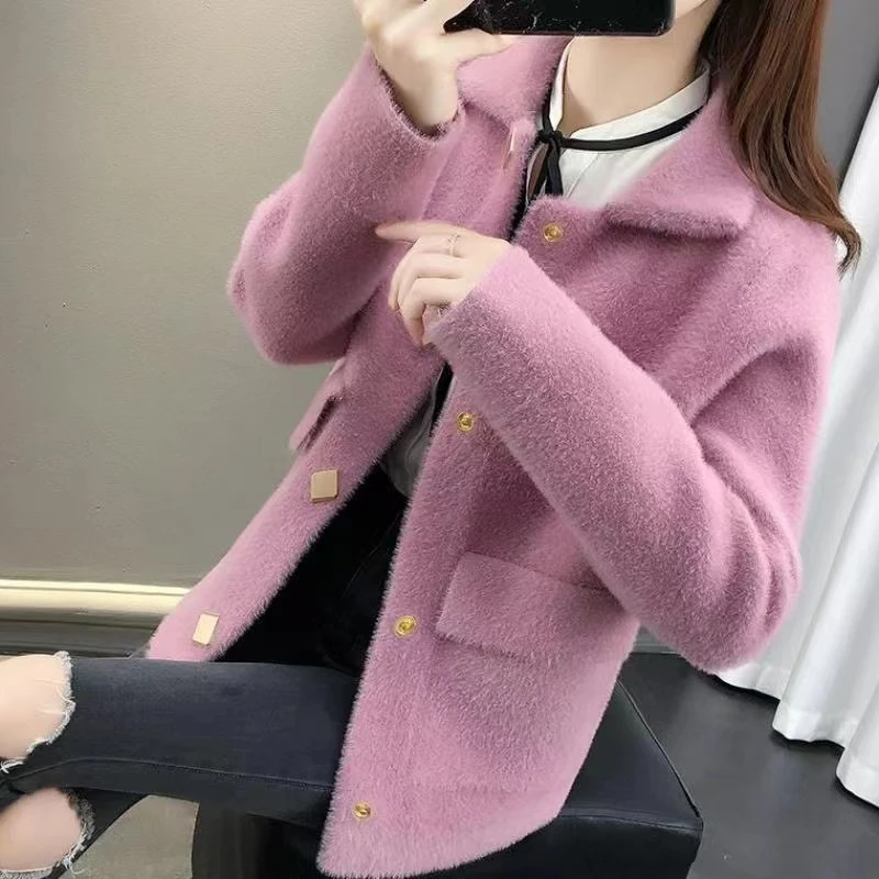 Winter Thicken Warm Imitation Mink Down Jacket 2022 New Women Single-Breasted Sequin Button Coat Turn-Down Collar Solid Cardigan