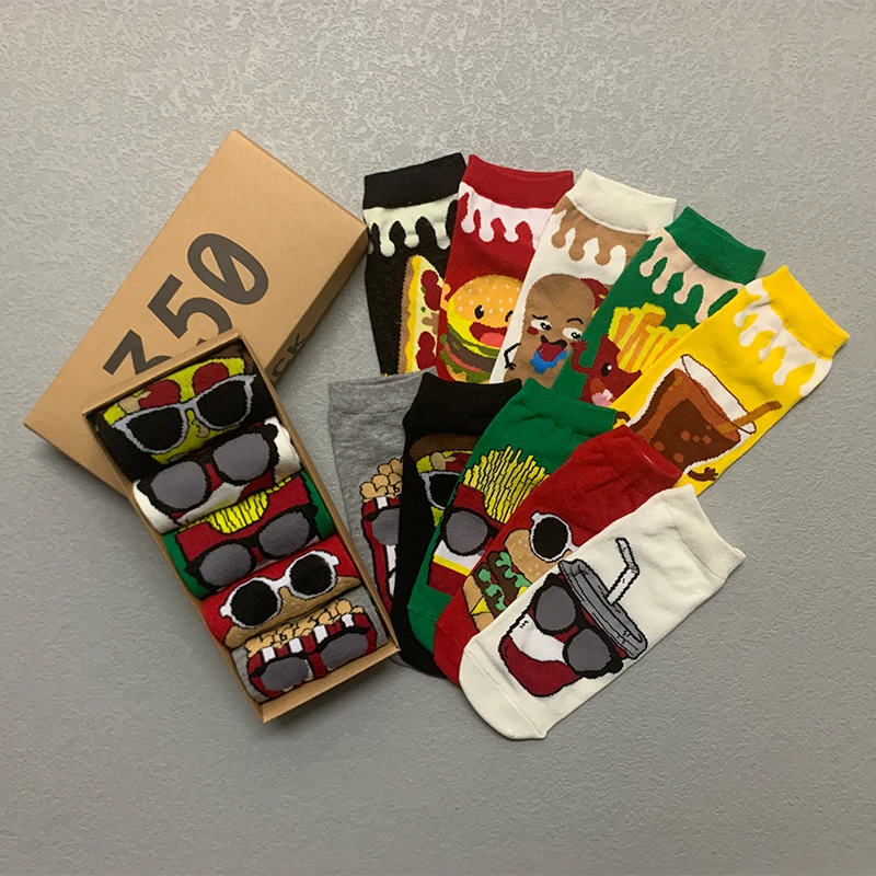 5 Pairs/Box Funny Cartoon Burger Fries Short Socks Cotton Harajuku Food Pizza Soft Cute Fashion Ankle Men Women Socks Pack Gifts