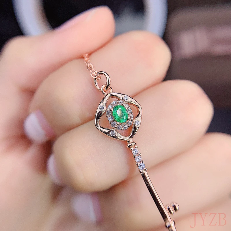High quality natural emerald Simple Key Pendant Necklace 925 sterling silver premium wedding jewelry