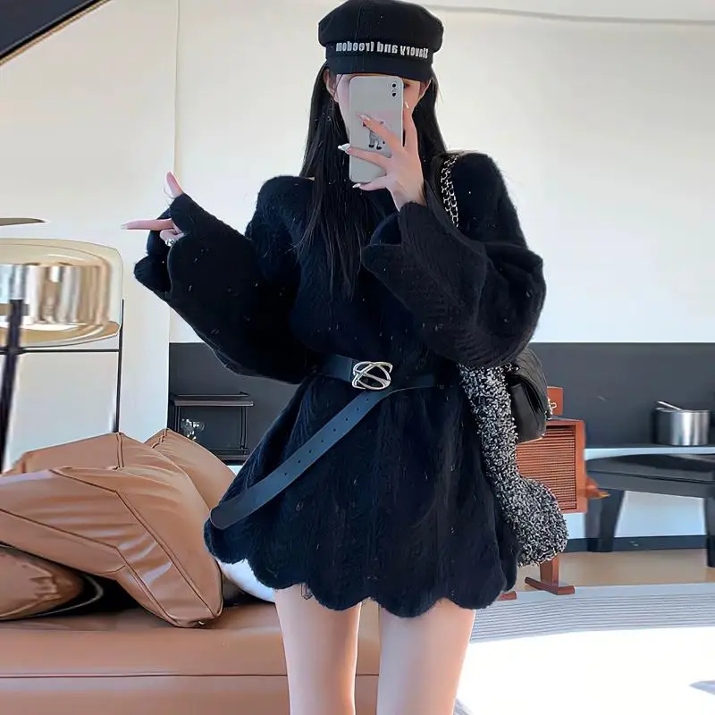 Dimanaf 2024 осень плюс сексуальные женские базовые свитера пуловер с поясом топы