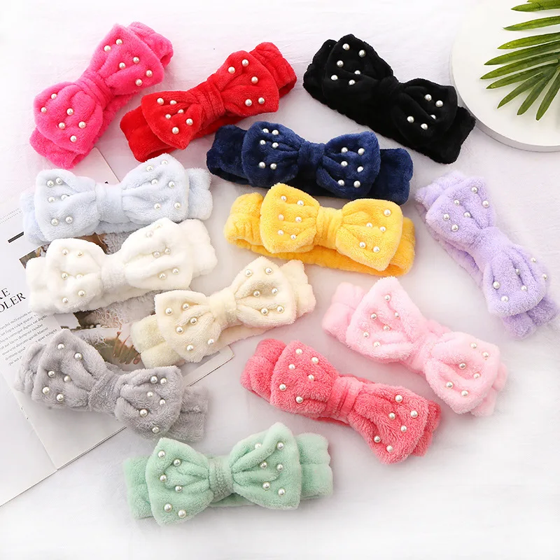 

Hot Sale Korean plush pearl Elastic hair band cute bow makeup wash hairband Coral Fleece Soft Headband Cross Top wholesale