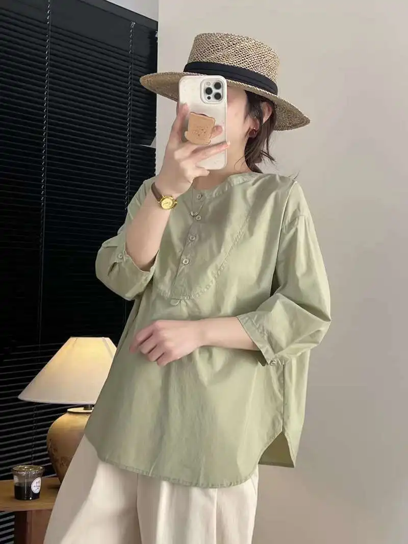 Женская хлопковая рубашка с воротником-стойкой однотонная Свободная