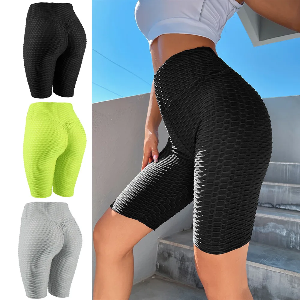 

2023 Butt Sports Shorts Honeycomb Textured Wide Waistband Biker Shorts Anti Cellulite Plain Short Leggings Running Tights