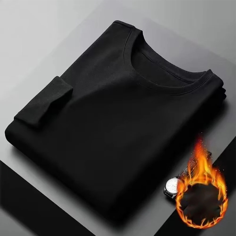 

Mens Plush Thickened Cold Proof Casual Slim Undershirt Thicken Top Round Neck Long Sleeve Pullover T-Shirt Men's Basic Clothing