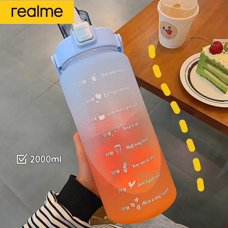 

Realme 2L Capacity Water Bottle Straw Cup High Temperature Plastic Water Cup Time Scale Frosted Outdoor Sports Couple Cup