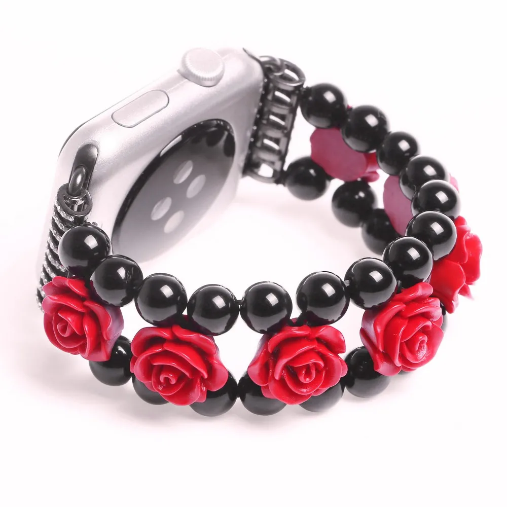 Red Rose Flower Agate Band for Apple Watch Series 8 7 6 5 4 3 SE Bracelet for iWatch 45mm 44mm 40mm 42mm 41mm Jewelry Wristband