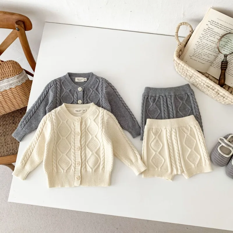

2023 Korean Autumn Winter 2PCS Sweater Set Cotton Knitted Versatile Coat Solid Pants Suit Infant Casual Outfits Unisex