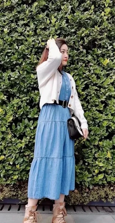

2022 Summer New Ruffled Collar Denim 100% Cotton Midi Dress Women