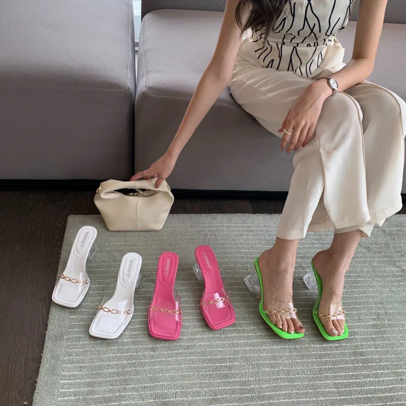 

Chunky Heel Shoes for Women High Heels Sandals Square Toe Sexy Metal Chains Summer Pumps Outdoor Slides Green