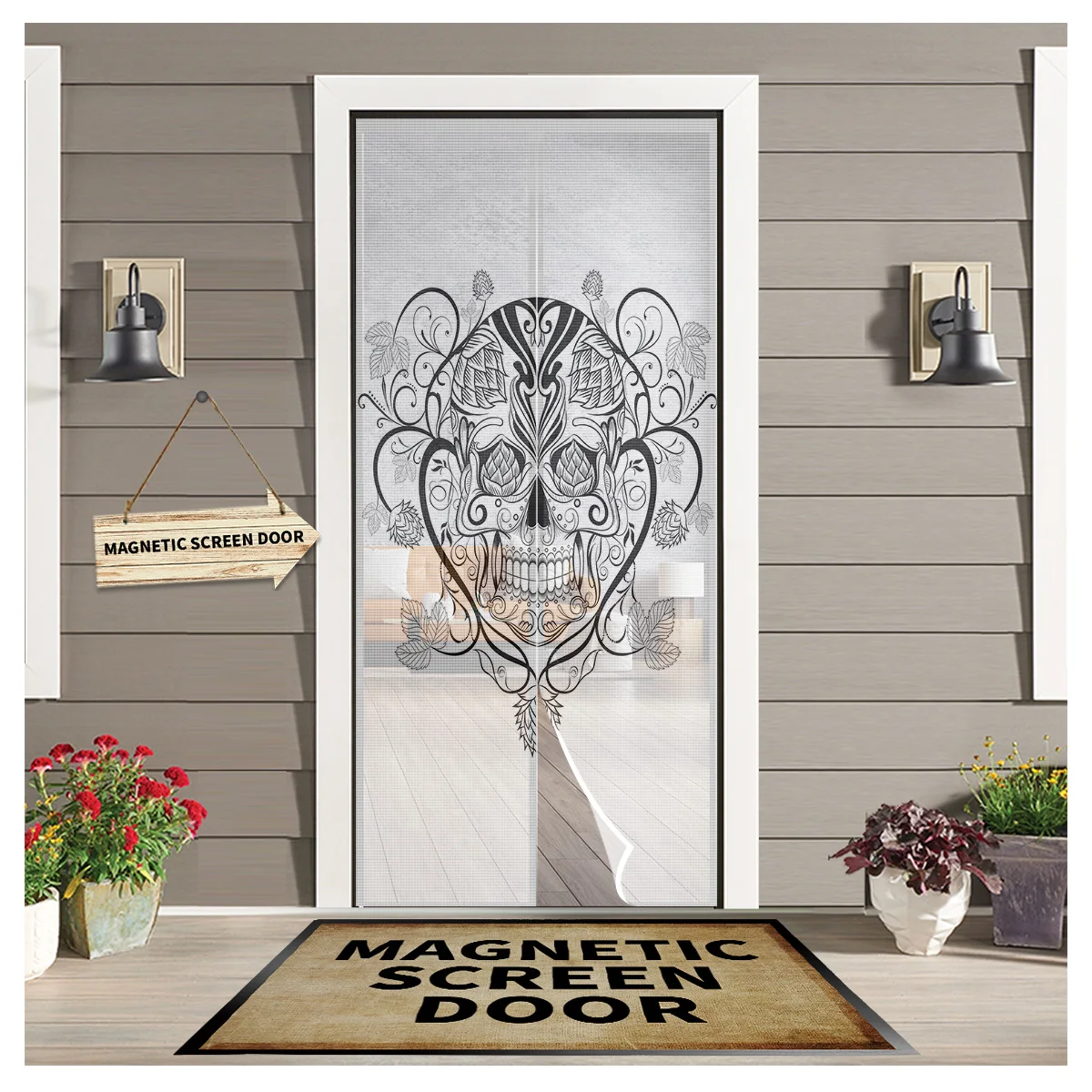 

Black And White Pattern Skull Kitchen Door Curtain Mosquito-proof Window Screen Bedroom Magnetic Door Curtain