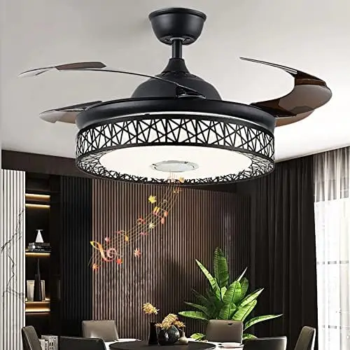 

Bluetooth Ceiling Fan Chandelier Smart Music Player Fandelier Ceiling Fan wth Remote,Ceiling Fan with Retractable Blades,Gold Su