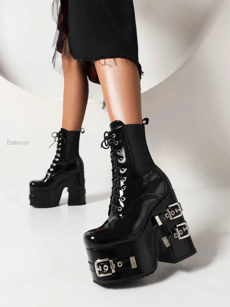 Goth Black Demonia Boots Women Punk Heel Sexy Chain Chunky Heel Platform Boots Female Designers Ankle Boots Lace Up Large Size