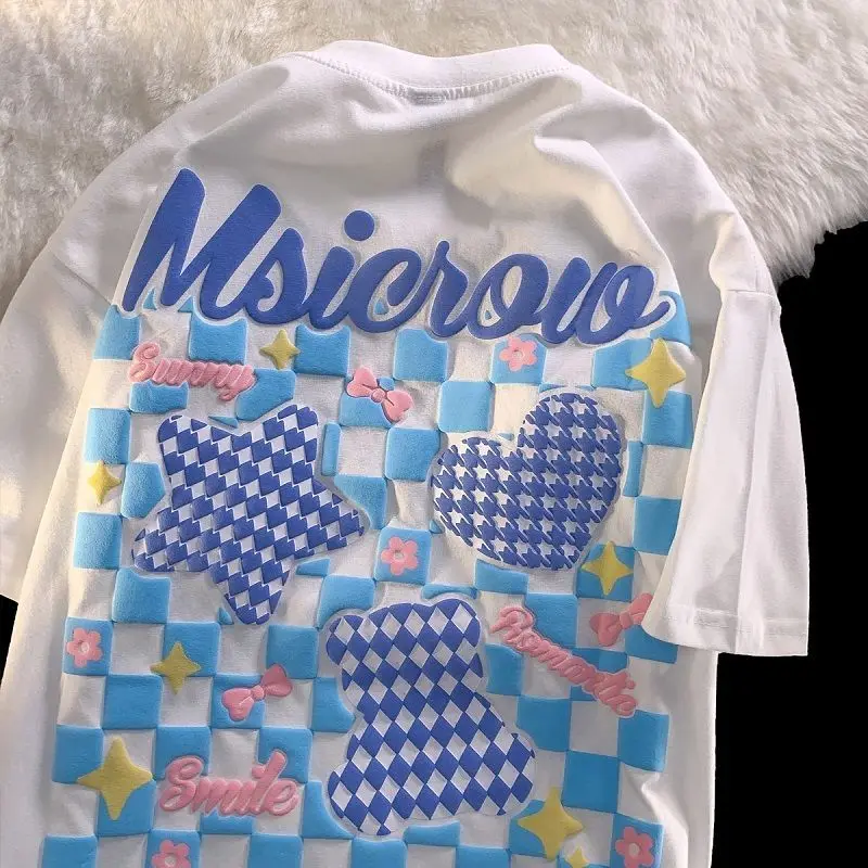 

European and American retro t-shirt men and women sweet and cool couple outfit checkerboard bear college style half-sleeved top
