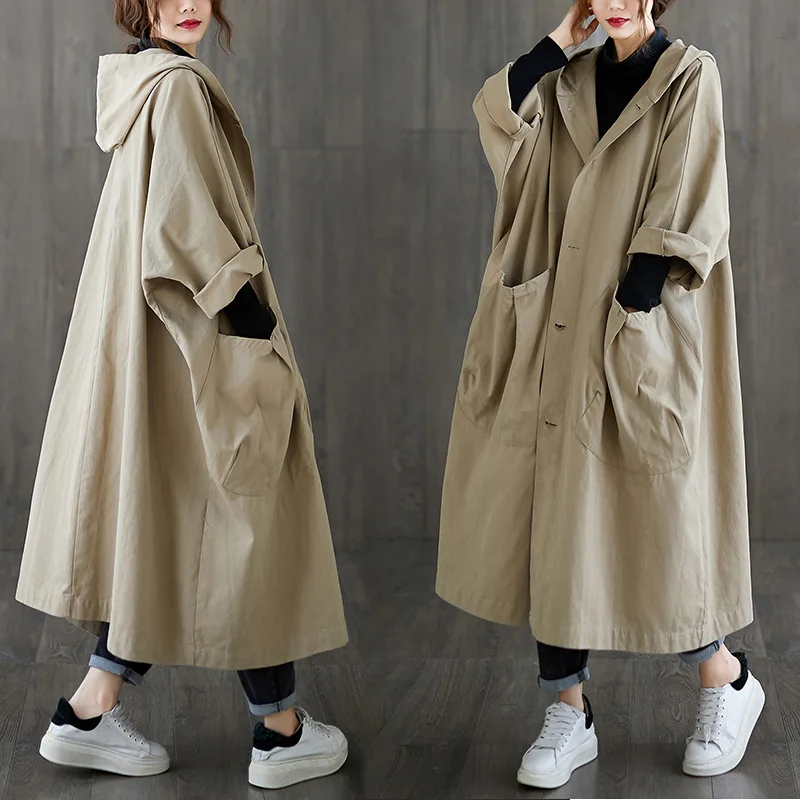 

Autumn and Winter Fashion New Large Size Women's Knee-Length Trench Coat Literary Retro Solid Color Loose Hooded Cardigan Jacket
