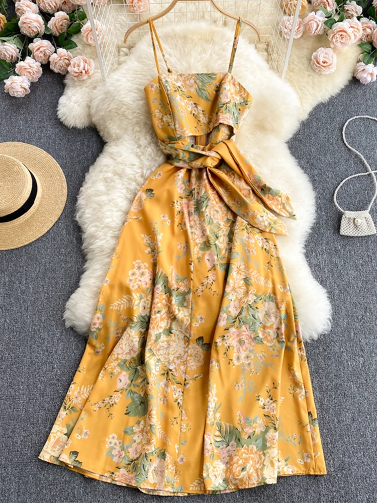 

Fitaylor New Summer Sexy Women Spaghetti Strap Hollow Out Long Dress Casual Sash Tie Up Floral Print Dress Holiday Beach Dress