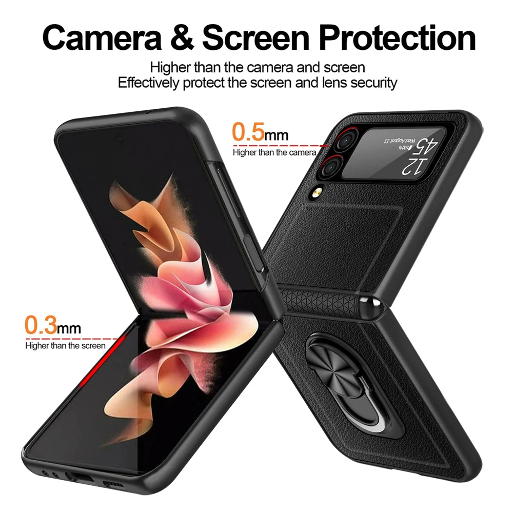 

Нескользящий тонкий кожаный чехол с кольцом-держателем для Samsung Galaxy Z Flip 3