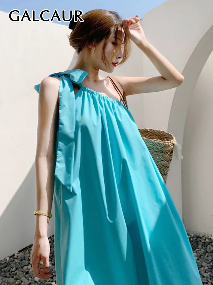 

GALCAUR Blue Sweet Dress For Women Diagonal Collar Sleeveless Loose Solid Minimalist Asymmetrical Designer Midi Dresses Female