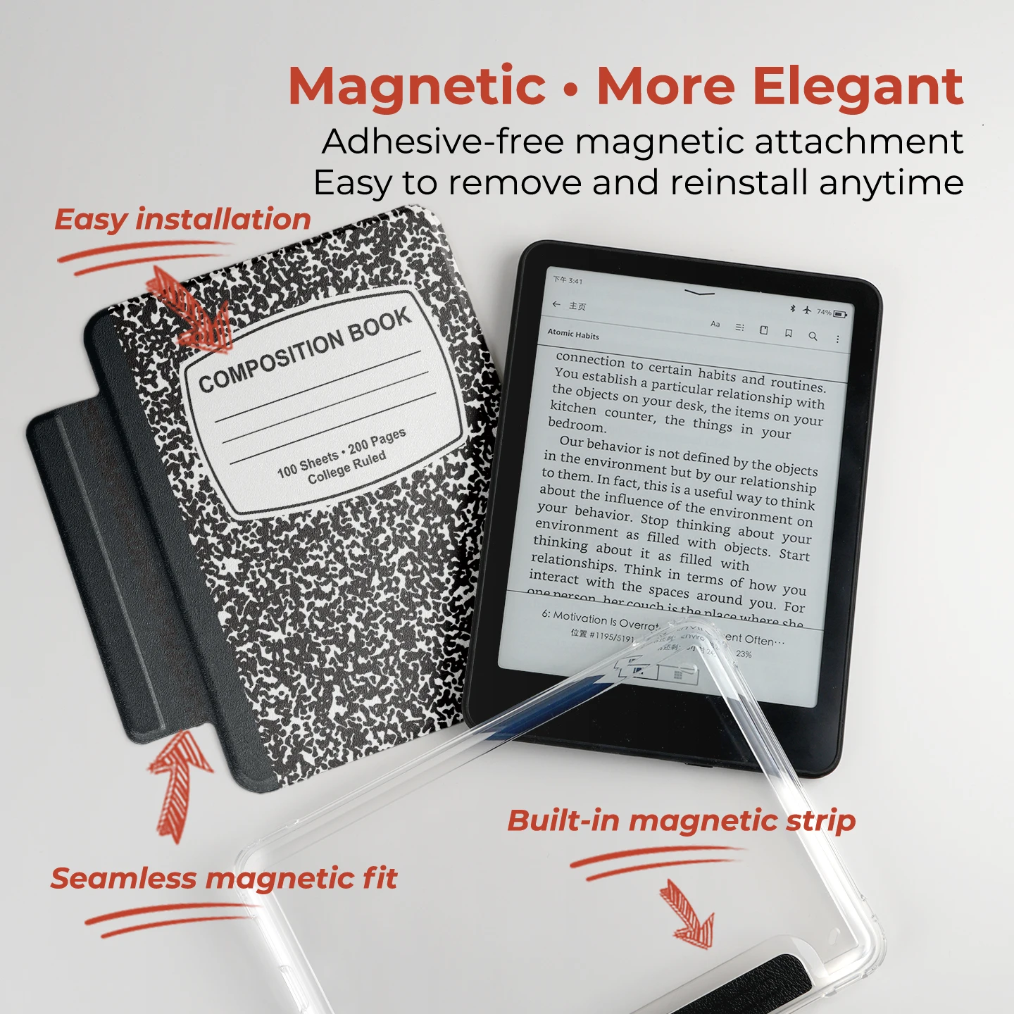 Фото Чехол Twosheep для Kindle 11-го поколения, Colosoft Paperwhite 12-го, 11-го, 10-го, 7-го поколений, магнитный, съемный, с прозрачной задней панелью, функцией автоматического включения/выключения, в стиле блокнота №2