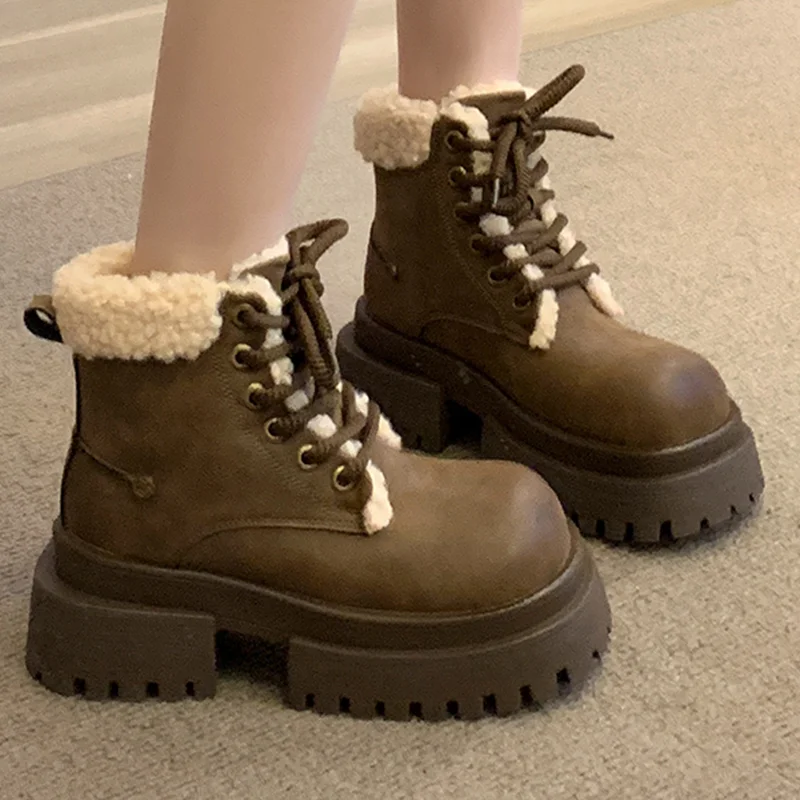 Women Winter Snow Boots Chunky Platform Fur Warm Ankle Shoes 2025 Mid Heels Suede Woman Chelsea Short Plush Cotton
