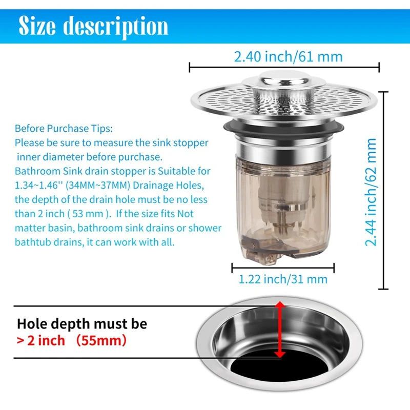 Athroom Sink Stopper And Drain Strainer 2 In 1 Catches Hair Debris Suitable For 1.34-1.46Inch Drainage Holes Durable