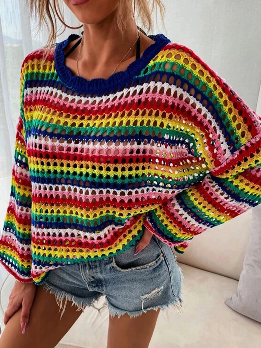 

wsevypo Women Knitted Pullover Sweaters Spring Autumn Loose Colorful Striped Knitwear Long Sleeve O Neck Hollow Out Jumpers