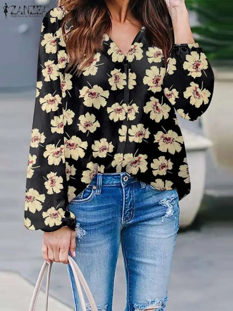 

2023 Summer Long Sleeve Tunic ZANZEA Women Flower Printed Blouse Fashion V-neck Shirt Oversized Holiday Beach Tops Streetwear