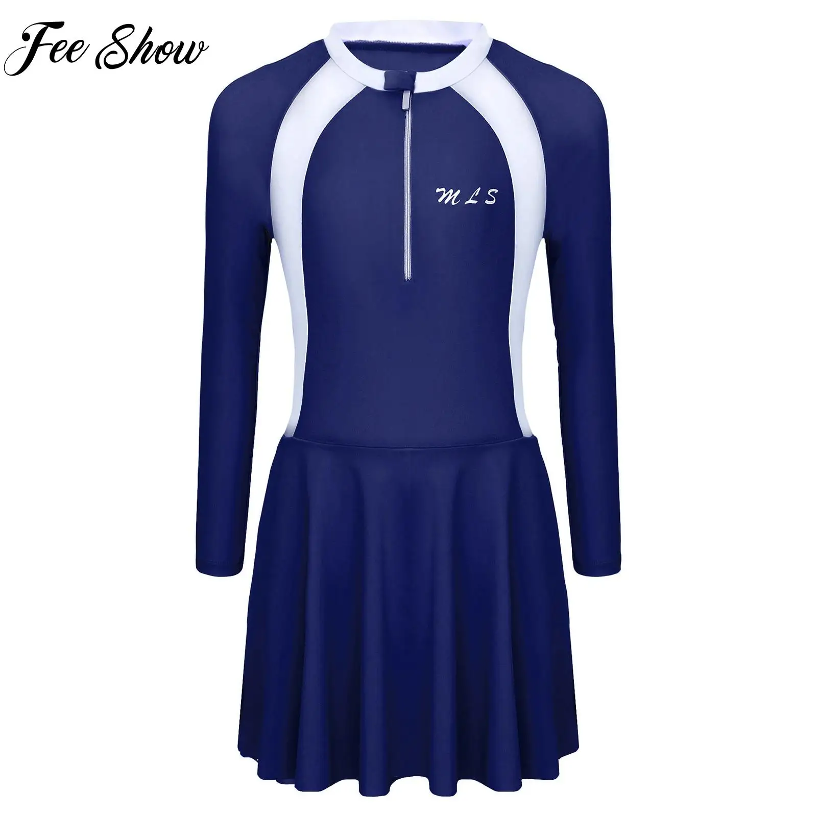 Детский слитный боди с длинным рукавом для девочек купальник на молнии спереди