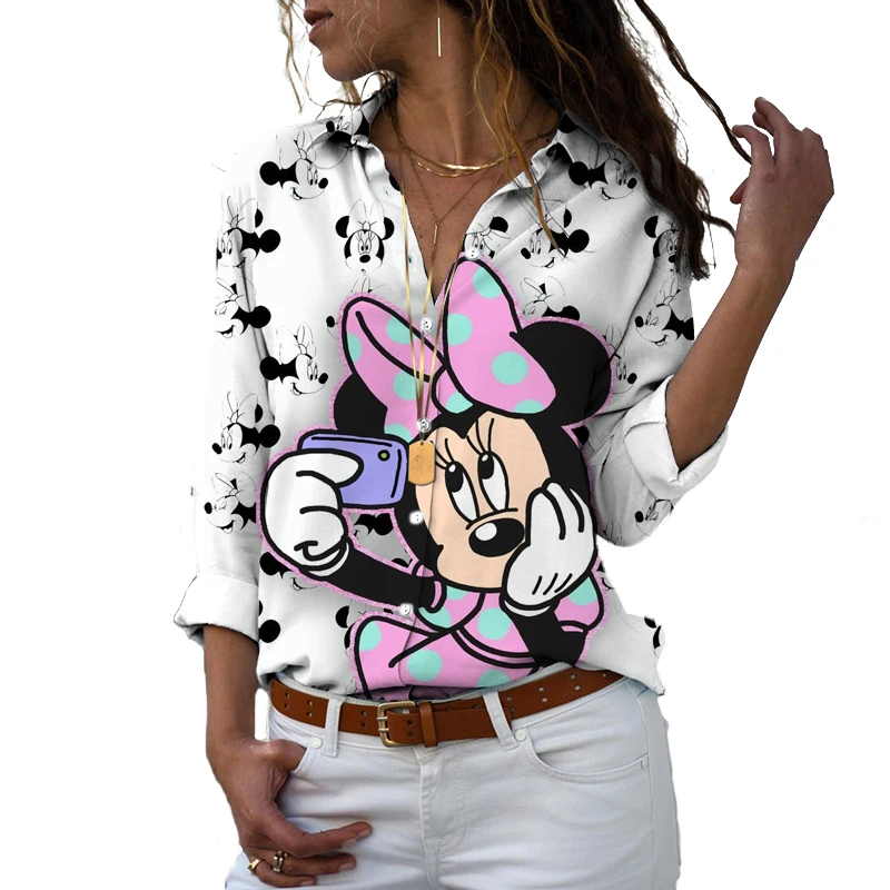 

Disney Minnie Pattern Chiffon Shirt Women's 2022 Spring and Autumn Fashion Long Sleeve Women's Basic Button Shirt Casual Shirt